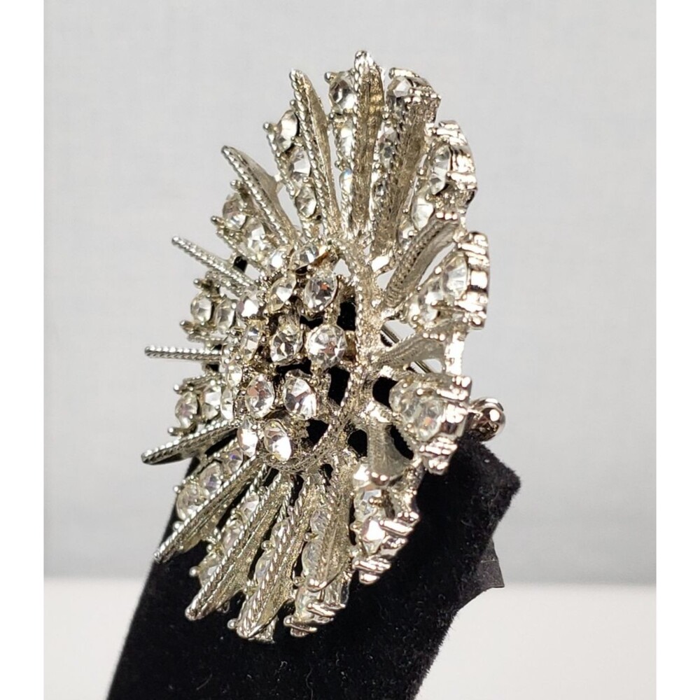 Vintage Large Sunburst Crystal Rhinestone 2.5" Silver Tone Brooch - Picture 10 of 16